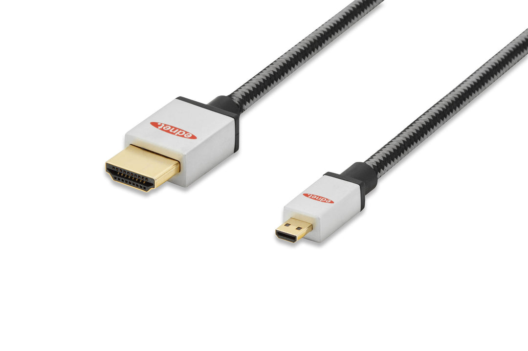 Ednet Premium HDMI High Speed With Ethernet Bağlantı Kablosu (HDMI 1.4), 2160p, 4K, HDMI D (Mikro) Erkek HDMI A Erkek, 2 Metre, AWG30, UL, 3x Zırhlı, Pamuk Örgü Kablo Kılıfı, Altın Kaplama, Gümüş/Siyah Renk (ED-84489)