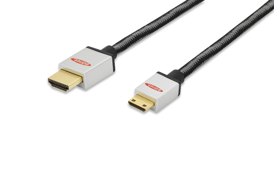 Ednet Premium HDMI High Speed With Ethernet Bağlantı Kablosu (HDMI 1.4), 2160p, 4K, HDMI Tip C (Mini) Erkek HDMI A Erkek, 2 Metre, AWG30, UL, 2x Zırhlı, Pamuk Örgü Kablo Kılıfı, Altın Kaplama, Gümüş/Siyah Renk (ED-84488)