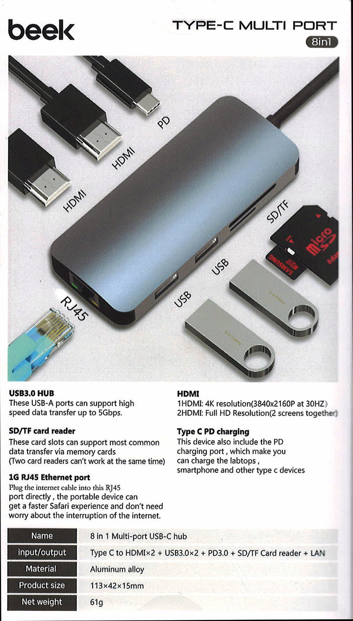 Beek 8 İn 1 USB Tip C Docking Station (BA-DCK-UC08DH) 8