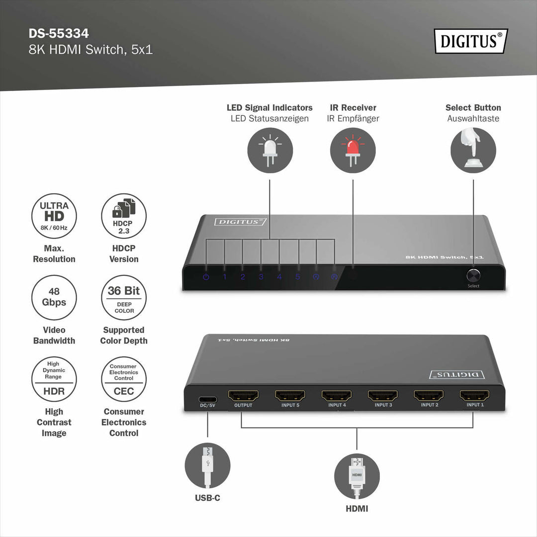 Digitus 8K HDMI Switch, 5x1, 8K/60Hz (4:4:4), HDR, HDCP 2.3 (DS-55334) 5