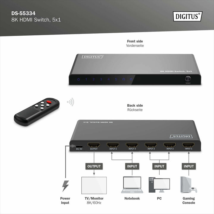 Digitus 8K HDMI Switch, 5x1, 8K/60Hz (4:4:4), HDR, HDCP 2.3 (DS-55334) 7