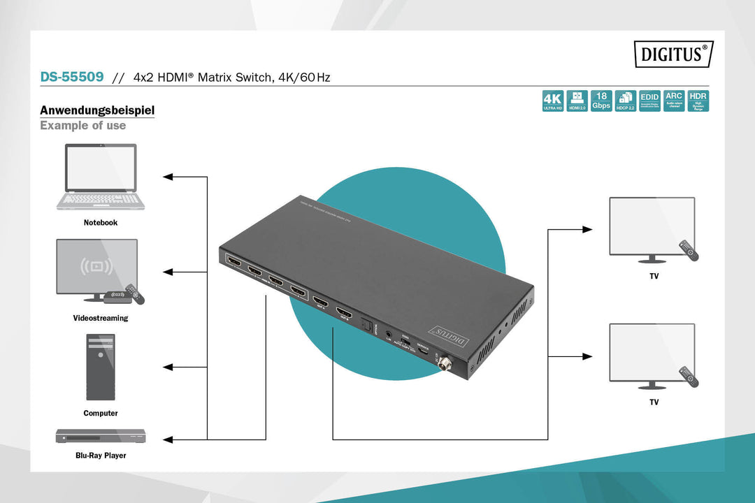 Digitus 4x2 HDMI Matrix Switch, 4K/60Hz Scaler Özelliği, EDID, ARC, HDCP 2.2, 18 Gbps (DS-55509) 4