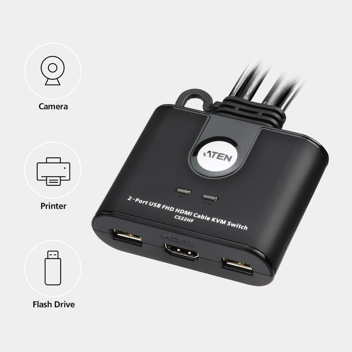 Aten 2 Port USB FHD HDMI KVMP™(Keyboard/Video Monitor/Mouse) Periferi (Çevre Cihazlarla (USB) Bağlantı Kurabilir) Switch, KVM Bağlantı Kablosu Ürüne Gömülüdür, Remote Port Selector İle Birlikte (ATEN-CS22HF) 9