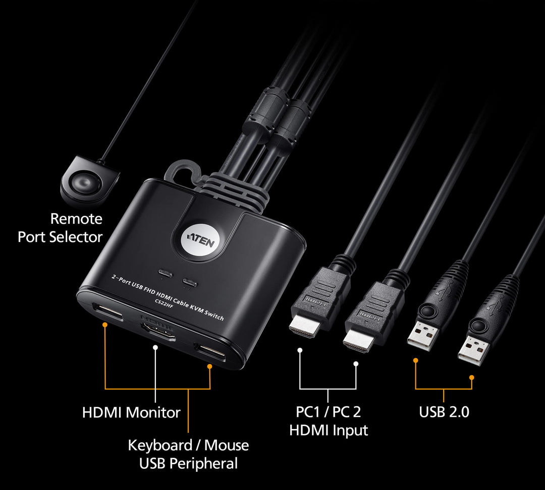 Aten 2 Port USB FHD HDMI KVMP™(Keyboard/Video Monitor/Mouse) Periferi (Çevre Cihazlarla (USB) Bağlantı Kurabilir) Switch, KVM Bağlantı Kablosu Ürüne Gömülüdür, Remote Port Selector İle Birlikte (ATEN-CS22HF) 3