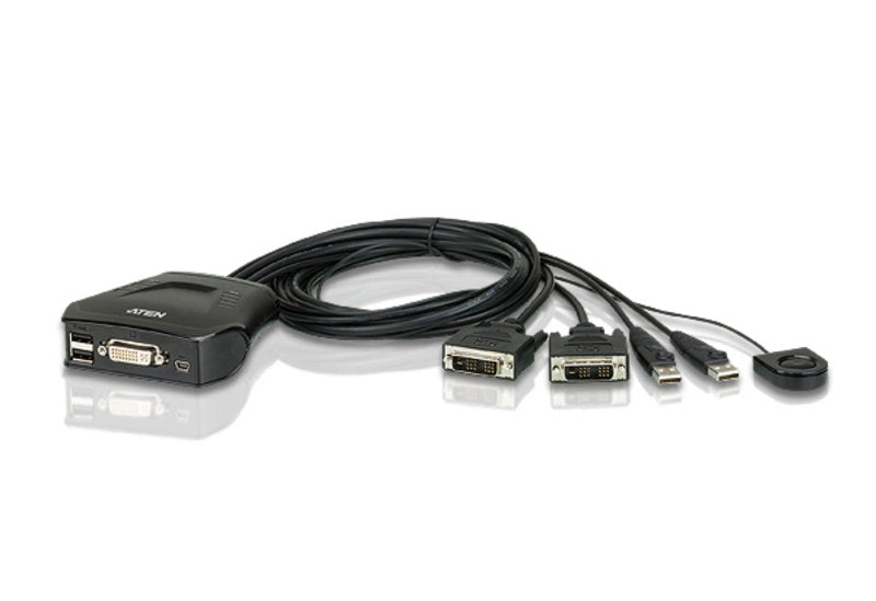 Aten 2 Port USB DVI KVM (Keyboard/Video Monitor/Mouse) Switch, Masaüstü Tip, KVM Bağlantı Kablosu Ürüne Gömülüdür (ATEN-CS22D)