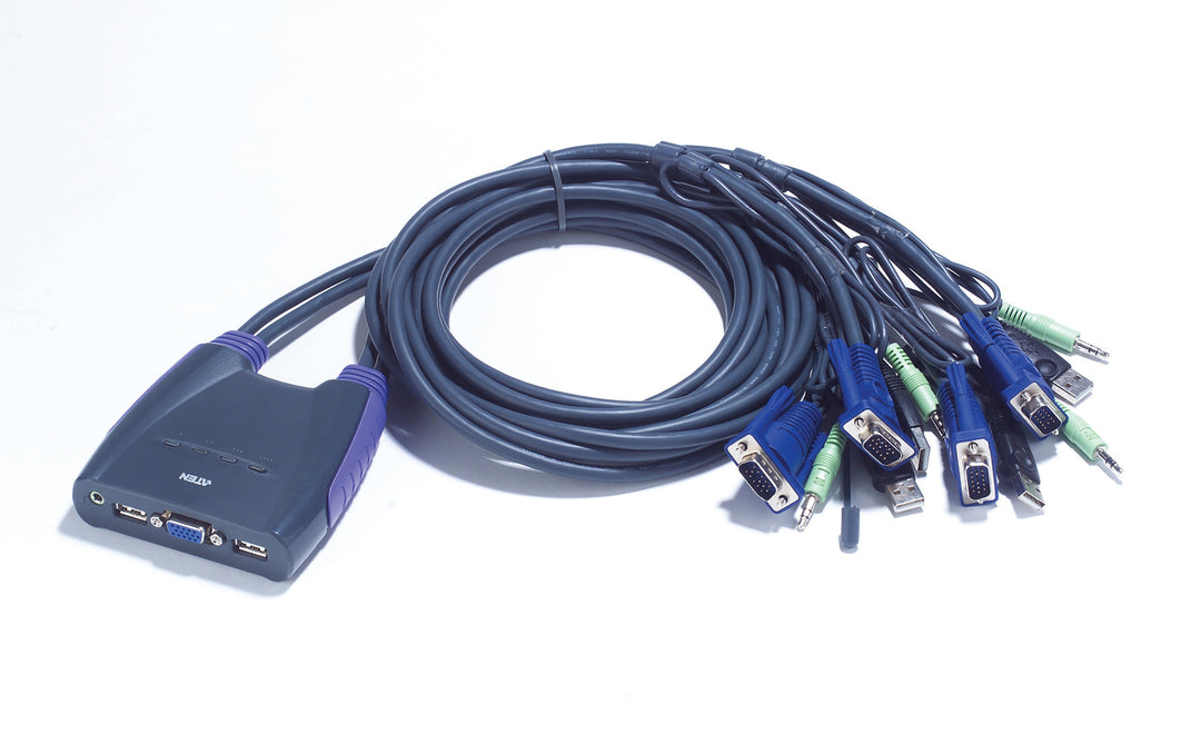 Aten 4 Portlu USB VGA KVM (Keyboard/Video Monitor/Mouse) Switch, Hoparlör Bağlantısı Mevcut, Masaüstü Tip, KVM Bağlantı Kablosu Ürüne Gömülüdür (ATEN-CS64US)