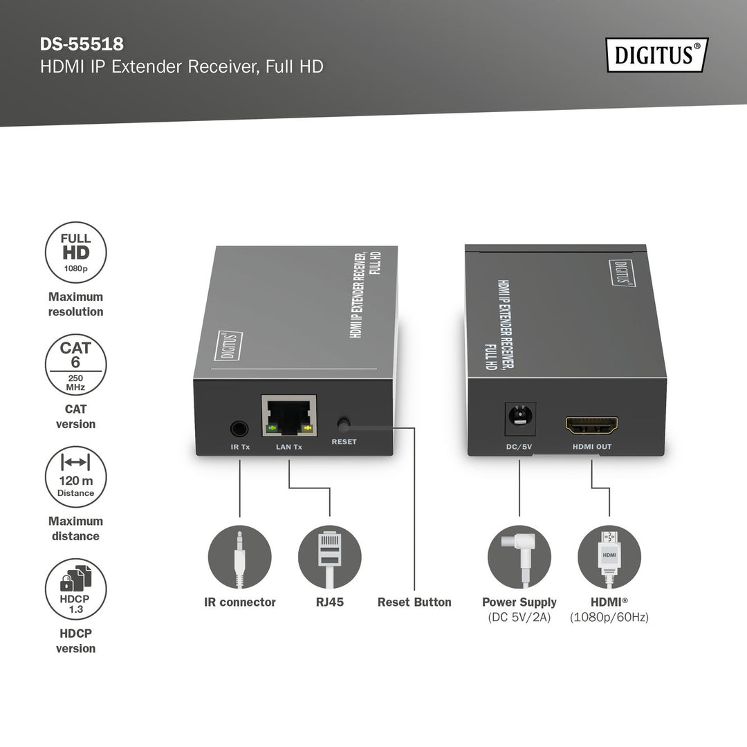 Digitus HDMI IP Sinyal Uzatma Cihazı, Alıcı (Receiver) Birim, DS-55517 Model Verici (Transmitter) Birim İle Birlikte Kullanılır (Haricen Temin Edilir) (DS-55518) 7