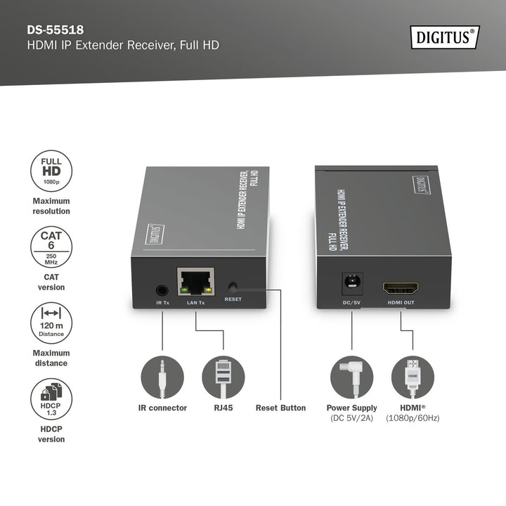 Digitus HDMI IP Sinyal Uzatma Cihazı, Alıcı (Receiver) Birim, DS-55517 Model Verici (Transmitter) Birim İle Birlikte Kullanılır (Haricen Temin Edilir) (DS-55518) 7